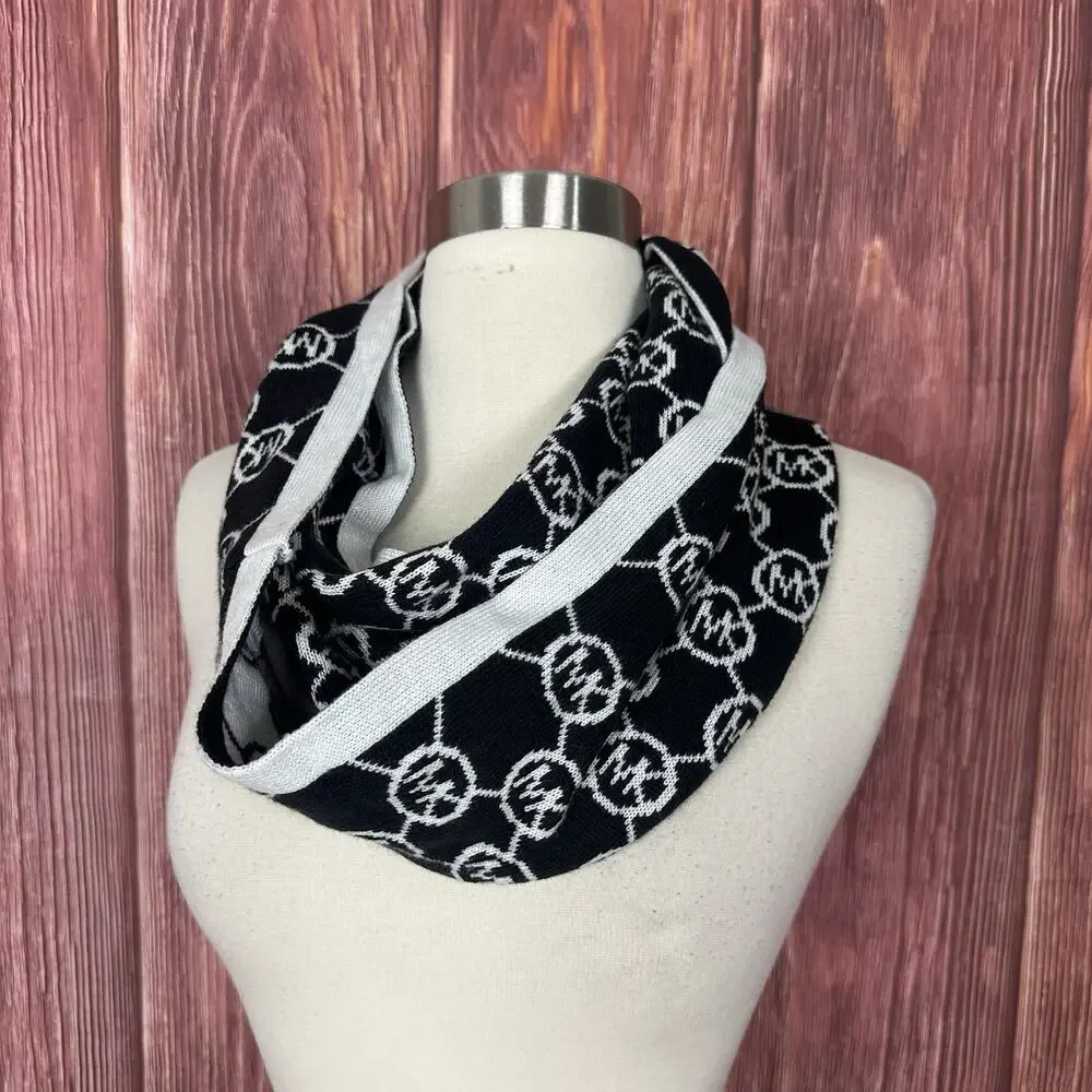 Michael Kors Black & White MK Circle‎ Logo Infinity Scarf W/ White Trim